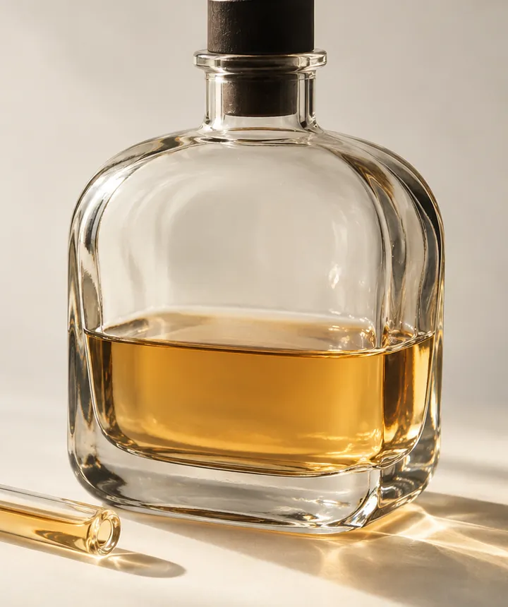 Close-up of the sculptural glass sample vessel and amber fragrance oil.